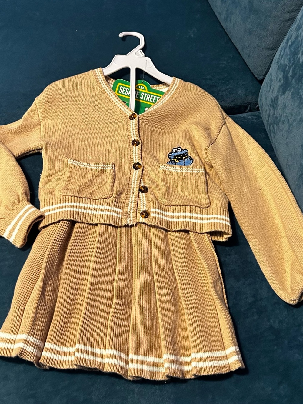 Sesame Street Tan Knit Cardigan & Pleated Skirt Set with Cookie Monster Patch